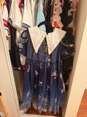 Lolita kawaii Navy Starry Print Midi Dress with Embroidered White Collar